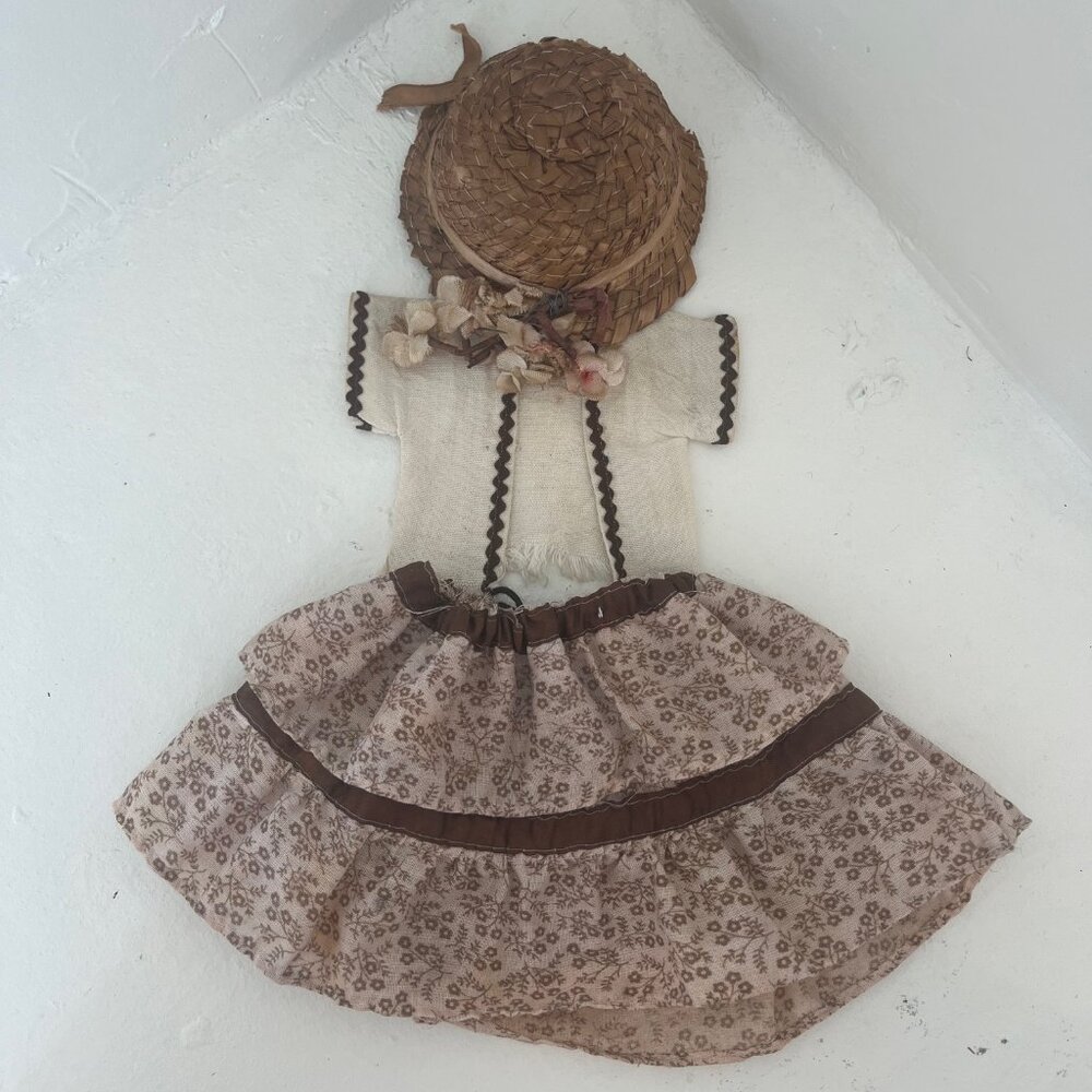 Vintage Doll Outfit Skirt & Jacket Vest & Farmer Hat w/ Flowers Beige & Brown - Picture 8 of 11